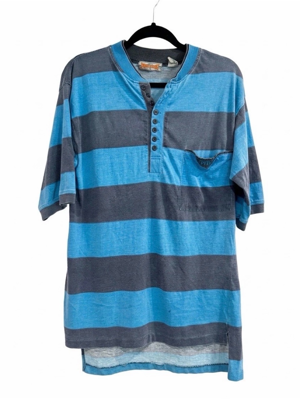 Vintage 90s Permit Striped Henley Shirt Small Blue Gray Made in USA Distressed